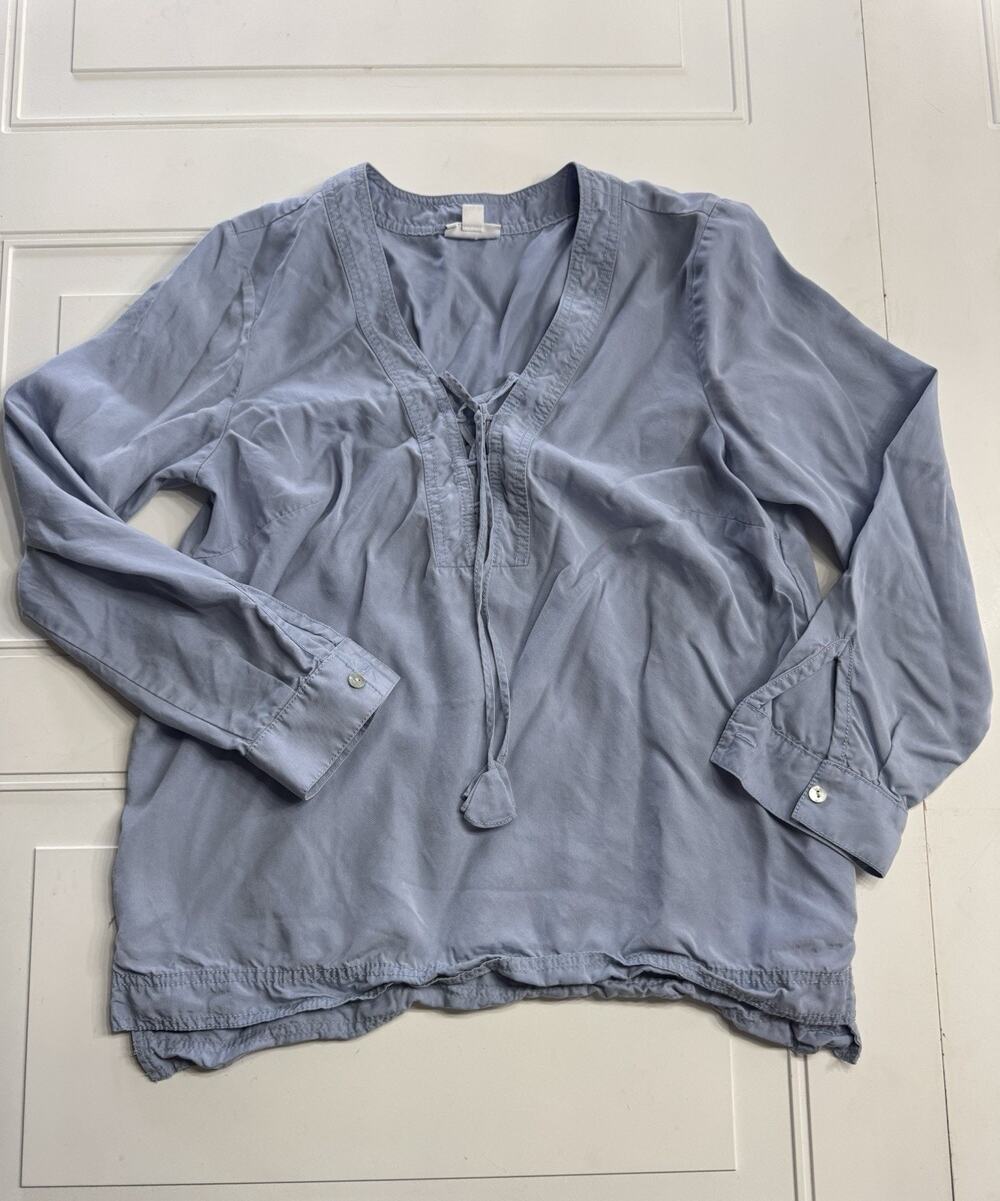J Jill Womens Sz M Tencel Lyocell Blue Popover Long Sleeve Lace Up Shirt Top